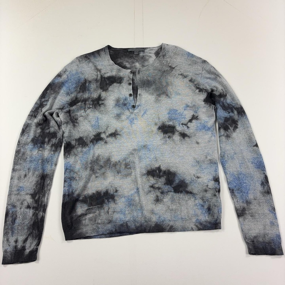 John Varvatos Sweater Mens Large Gray Blue Tie-Dye Crew Henley Knit Linen